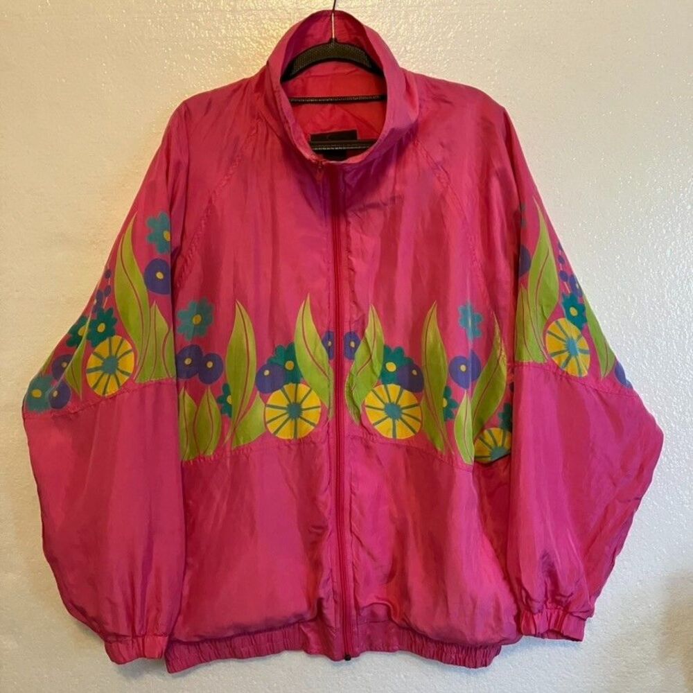 Vintage 80s Silk Après-ski Equestrian Windbreaker Jacket Size Large Pink Floral